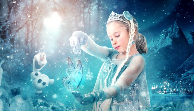 Sesión fotografía fine art de una niña disfrazada de Elsa Reina de Arendelle