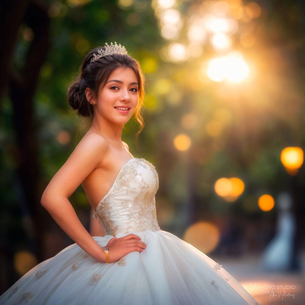 Fotografía de Quinceañera - Sesión de fotos de 15 años en una plaza de Pamplona - Foto de una niña de 15 años con su vestido de fiesta blanco, con luz de atardecer entre los árboles.