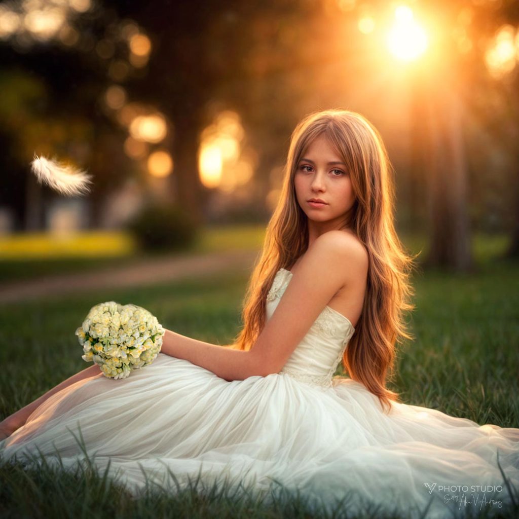 Fotografía de Quinceañera - Sesión de fotos de 15 años en una plaza de Pamplona - Foto de una niña de 15 años con su vestido de fiesta blanco, con luz de atardecer entre los árboles.