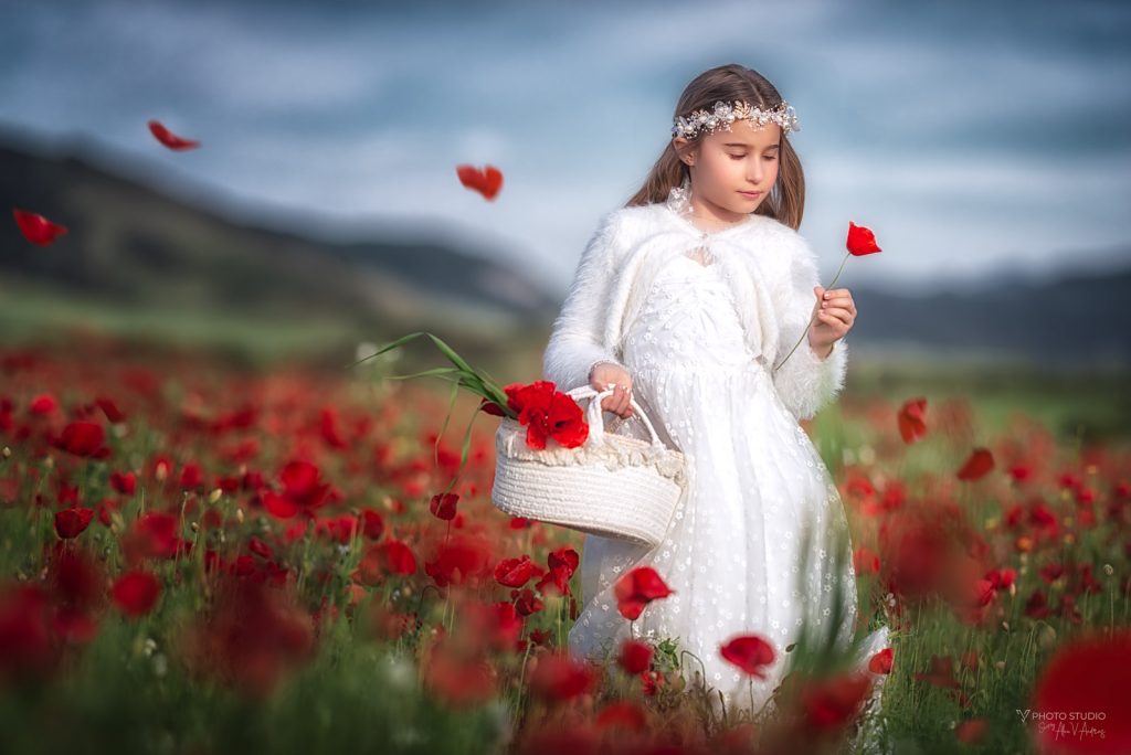 Sesion de fotos de Primera Comunión en Pamplona. Fotografía de Comunión al atardecer en un campo de amapolas